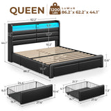 Seventable Queen Size Bed Frame with 4 Storage Drawers & Charging Station, Upholstered Platform Bed with Storage Headboard and LED Light, No Box Spring Needed, Noise Free, Easy Assembly, Black Seventable