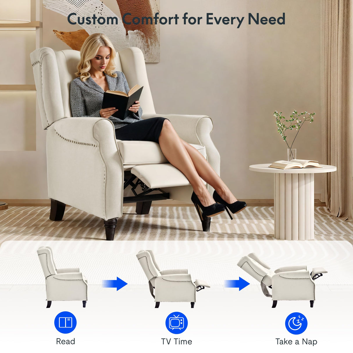 FLEXISPOT XC5 Pushback Recliner Chair for Adults, Mid Century Wingback Accent Chair with Rivet Decoration, Tufted Upholstered Single Sofa Armchair for Living Room, Bedroom, Study (PU, Brown) FLEXISPOT