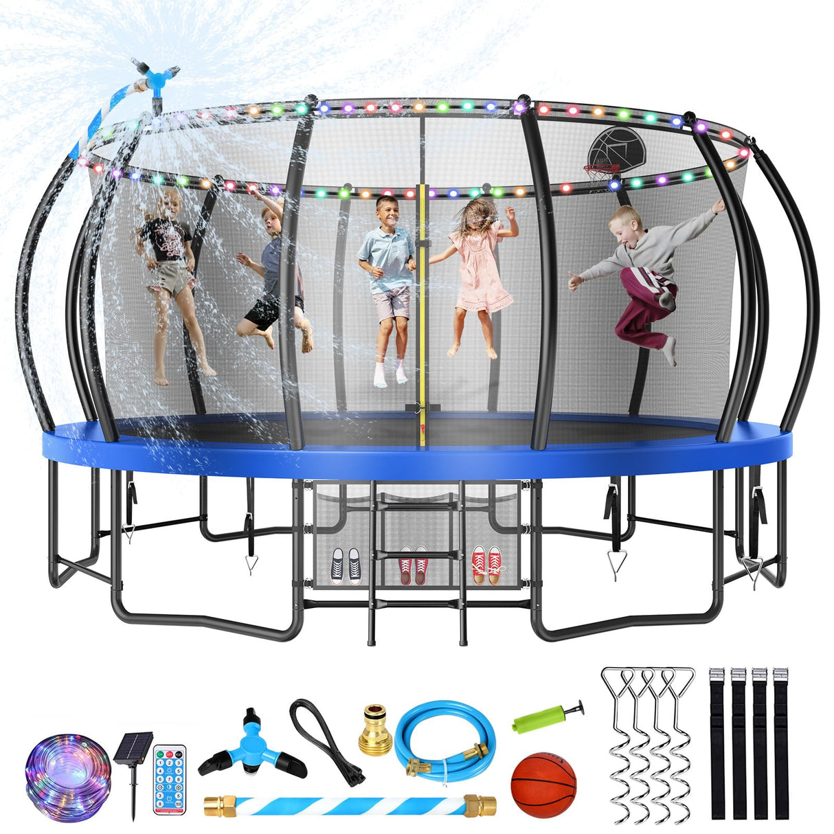 Lyromix Large Outdoor Trampoline with Basketball Hoop, 15FT Trampoline with Lights for Kids and Adults, Recreational Trampolin with Sprinkler and Stakes Lyromix