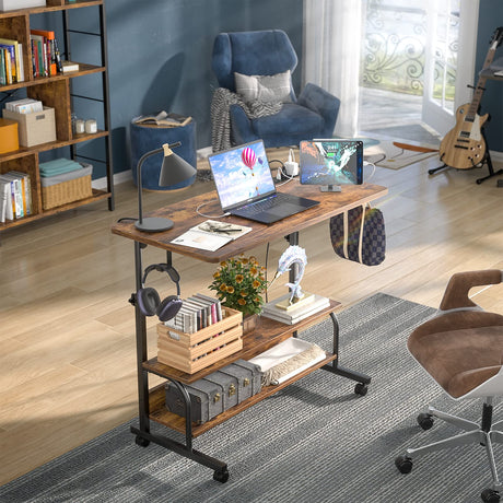 Height Adjustable Standing Desk with Power Outlets, 32" Manual Stand Up Desk with Storage Shelves Small Mobile Rolling Computer Desk Portable Laptop Table with Wheels for Home Office, Rustic armocity