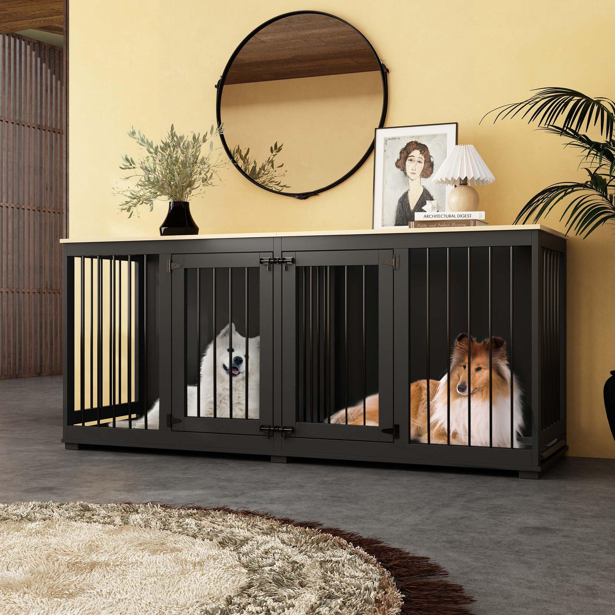 DAWNSPACES Double Dog Crates Furniture for Large Dogs, 71" Heavy Duty Wooden Kennel with Tray & Removable Divider for 2 Dogs, Indoor Furniture Style Dog Crate House TV Stand, Black DAWNSPACES