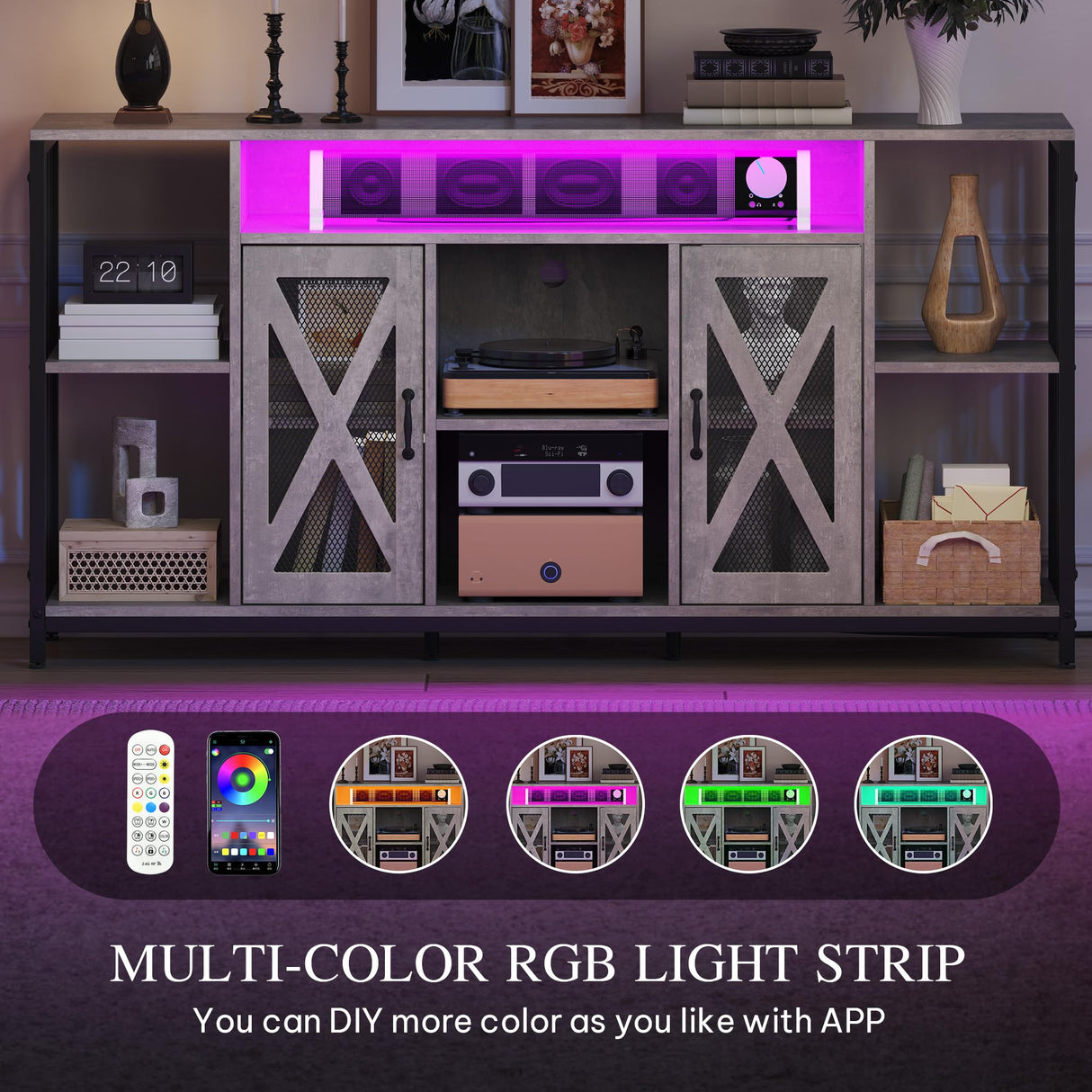 YITAHOME 33.5'' Tall TV Stands for Living Room, TV Entertainment Center with LED Light, TV Stand for TVs up to 70 Inch, Tall TV Console Cabinet with Power Outlets, Grey YITAHOME