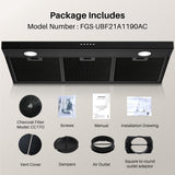 FIREGAS Black Under Cabinet Range Hood 36 Inch, Ducted/Ductless Convertible Kitchen Hood with 3 Speed Exhaust Fan, 300 CFM, LED Lights, Brushlesss DC Motor Vent Hood for Kitchen FIREGAS