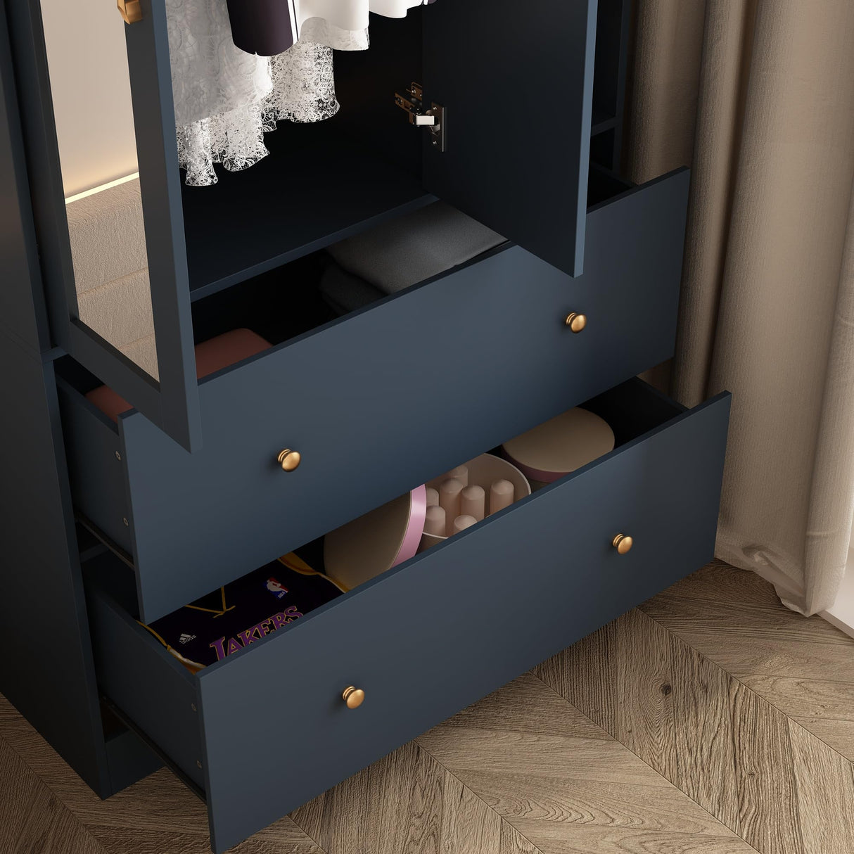 Hitow 2 Door Wardrobe Armoire Closet with Mirror, 35.5" W Wooden Wardrobe Cabinet with Hanging Rod & 2 Drawers, Bedroom Armoire Dresser Clothes Organizer, Blue Hitow