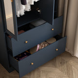 Hitow 2 Door Wardrobe Armoire Closet with Mirror, 35.5" W Wooden Wardrobe Cabinet with Hanging Rod & 2 Drawers, Bedroom Armoire Dresser Clothes Organizer, Blue Hitow