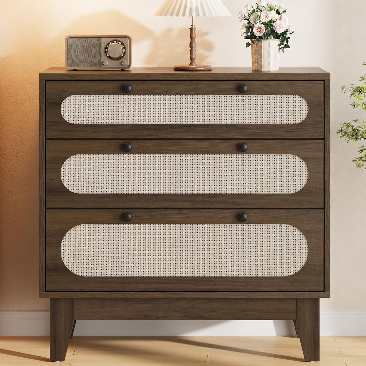 IDEALHOUSE 3 Drawer Wood Dresser for Bedroom, Rattan Nightstand Bedside Table for Living Room, Entryway, 31.5" L*15.7”W*31.2”H, Dark Brown IDEALHOUSE