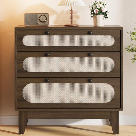 IDEALHOUSE 3 Drawer Wood Dresser for Bedroom, Rattan Nightstand Bedside Table for Living Room, Entryway, 31.5" L*15.7”W*31.2”H, Dark Brown IDEALHOUSE