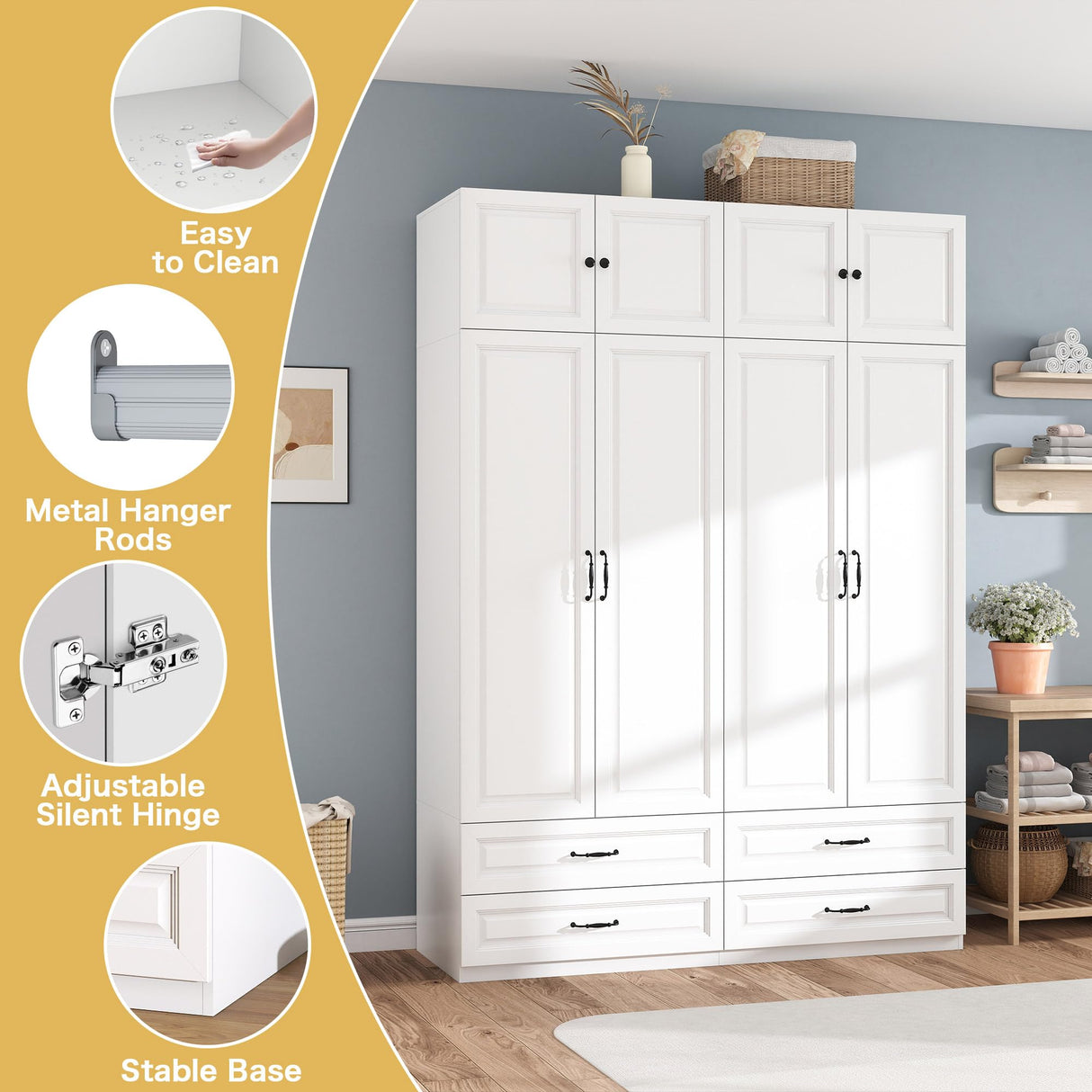 Armoire Wardrobe Closet with Doors: 89" Extra Tall White Wardrobe with Storage on Top, Bedroom Armoires with 4 Doors and 4 Drawers, Large Wood Closet Armoire for Hanging Clothes (B, 63") LABROSKIA