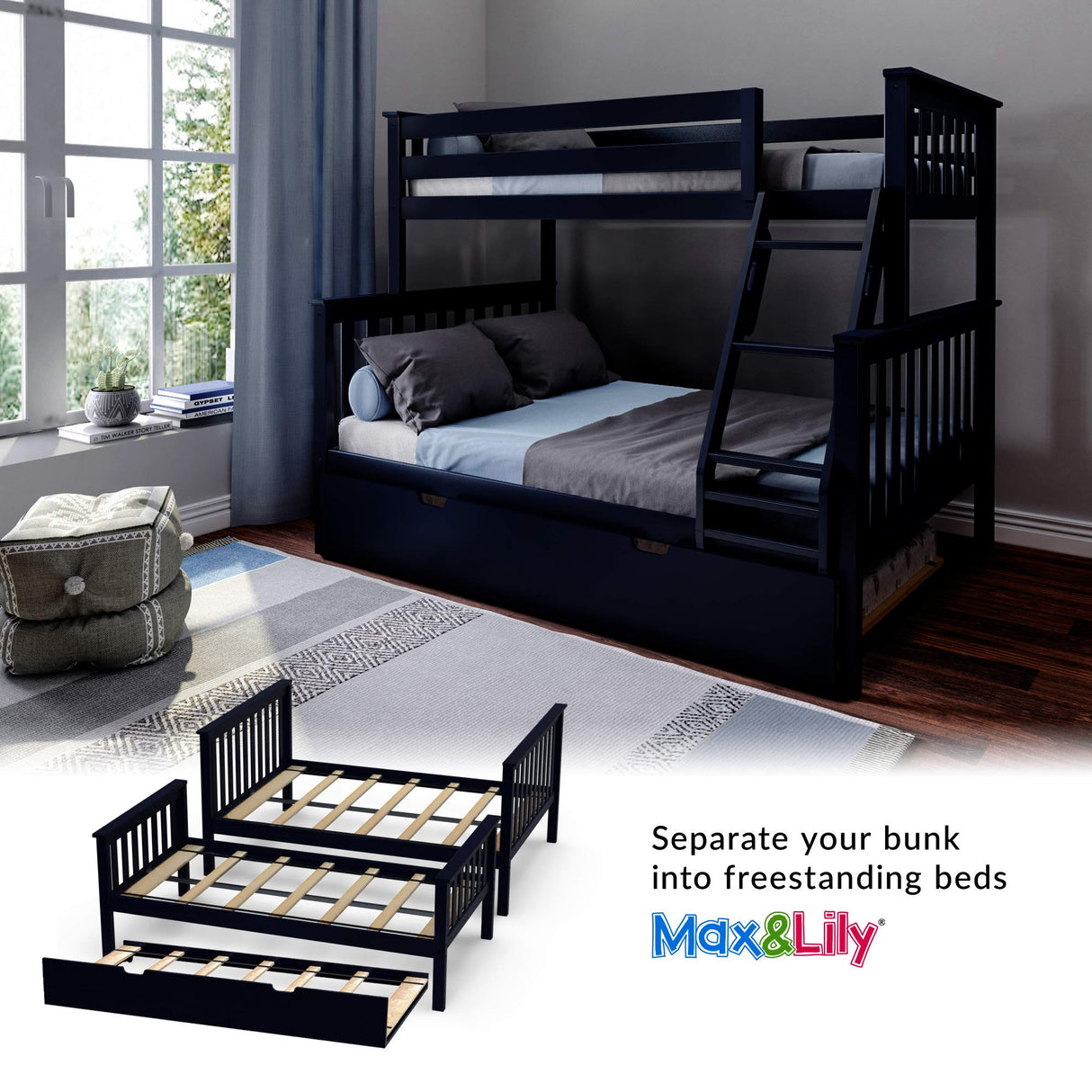 Max & Lily Twin-Over-Full Bunk Bed Frame with Trundle in Blue Max & Lily