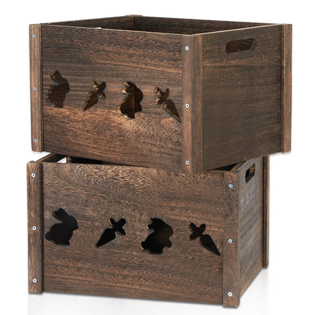 Edergoo Wooden Crates 2 Pack, Hollow Wooden Crates for Display, Farmhouse Handmade Wood Crate with Handles, Rustic Durable Wooden Crates for Storage, Large Decorative Wooden Crate Box for Display Edergoo