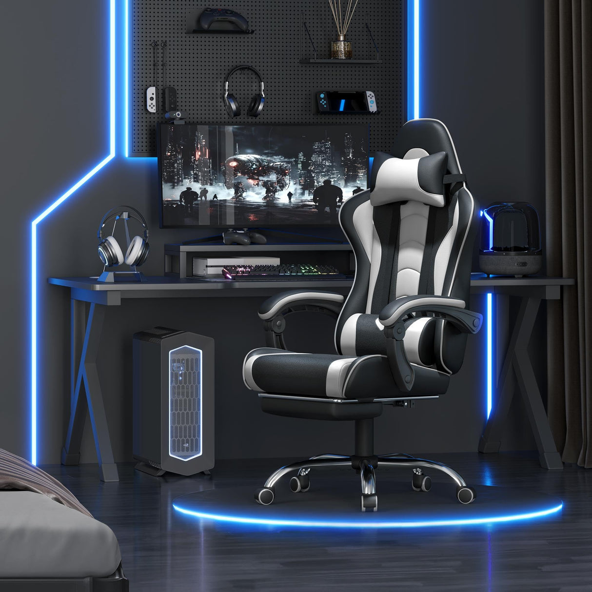 Yaheetech Gaming Chair, Video Game Chair with Massage Lumbar Support and Footrest Height Adjustable Ergonomic Computer Gaming Chair with Swivel Seat and Headrest, Black/White Yaheetech
