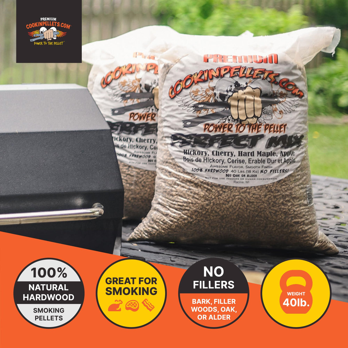 CookinPellets Perfect Mix Natural Hardwood Hickory, Cherry, Hard Maple, and Apple BBQ Grill Wood Pellets for Pellet Grill and Pellet Smoker, 40 Lb Bag CookinPellets