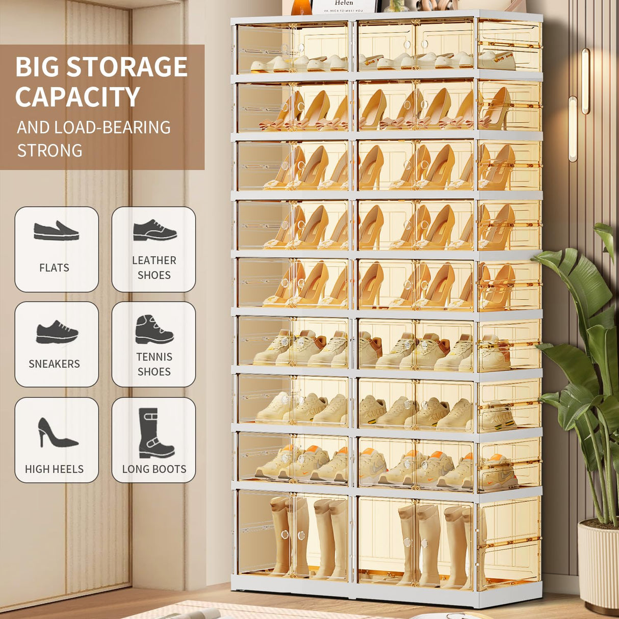 CIMLORD 9 Tier Foldable Shoe Rack for Closet Entryway 18-36 Pairs Stackable Clear Shoe Storage Boxes with Lids Large Shoes Shelf with Door Tall Plastic Organizer Cabinet Easy Assembly CIMLORD