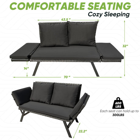 Greesum Outdoor Sofa, Woven Rattan Patio Furniture, Convertible Daybed or Double Chair with Adjustable Armrests, Cushions and Pillows for Yard, Porch, Pool, Black Lounger & Black Pillowcase Greesum