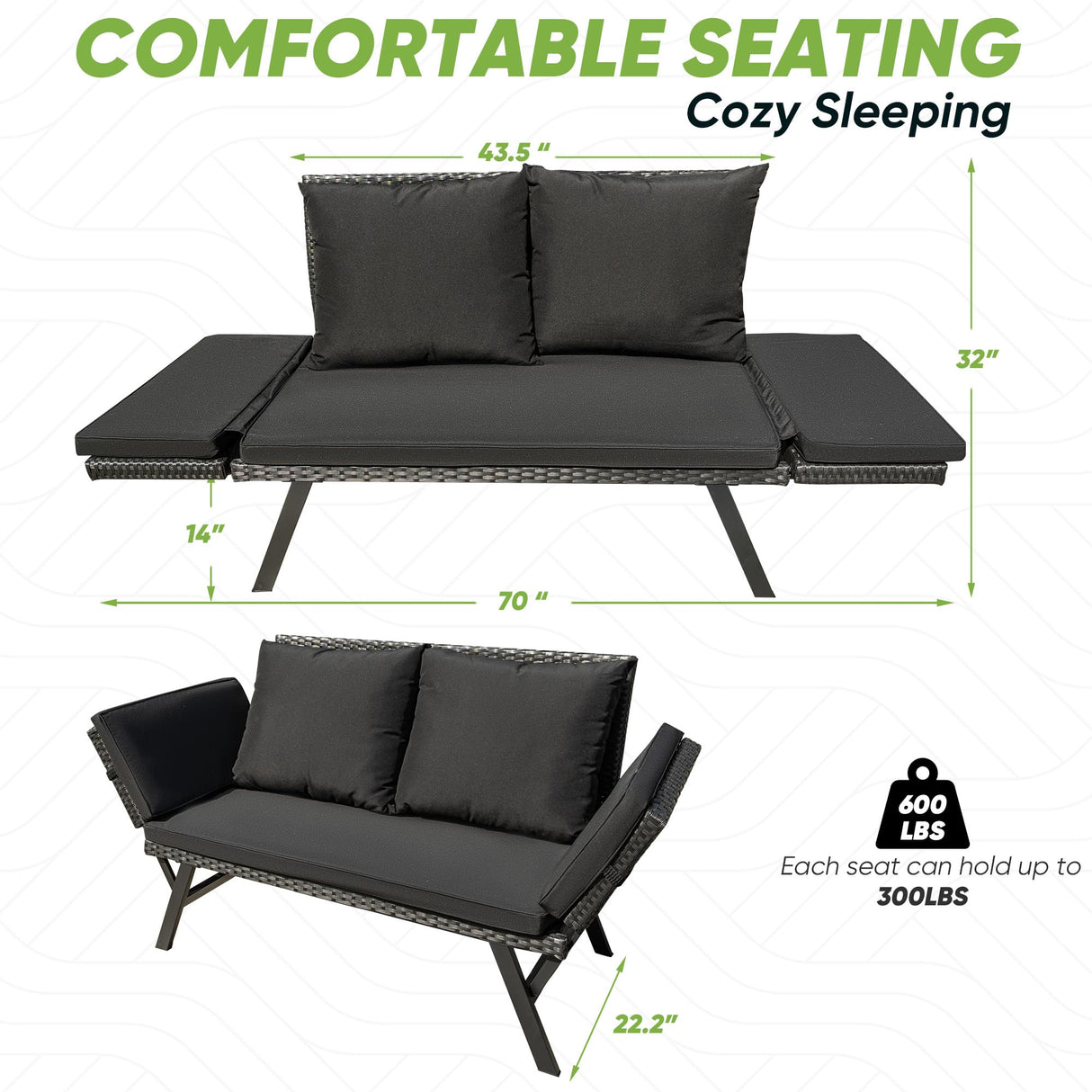 Greesum Outdoor Sofa, Woven Rattan Patio Furniture, Convertible Daybed or Double Chair with Adjustable Armrests, Cushions and Pillows for Yard, Porch, Pool, Black Lounger & Black Pillowcase Greesum