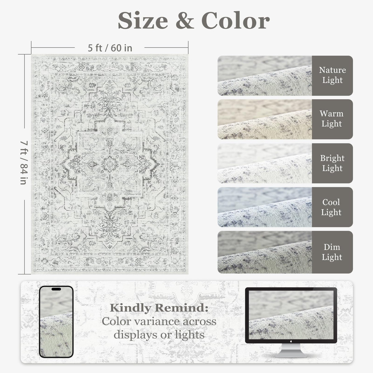 Jainmy Distressed Farmhouse 5x7 Area Rugs for Living Room Bedroom Non Slip Washable, Medallion Pattern Printed Low Pile Thin Carpet Rugs for Dining Room/Kitchen/Home Office, Off White/Grey Jainmy