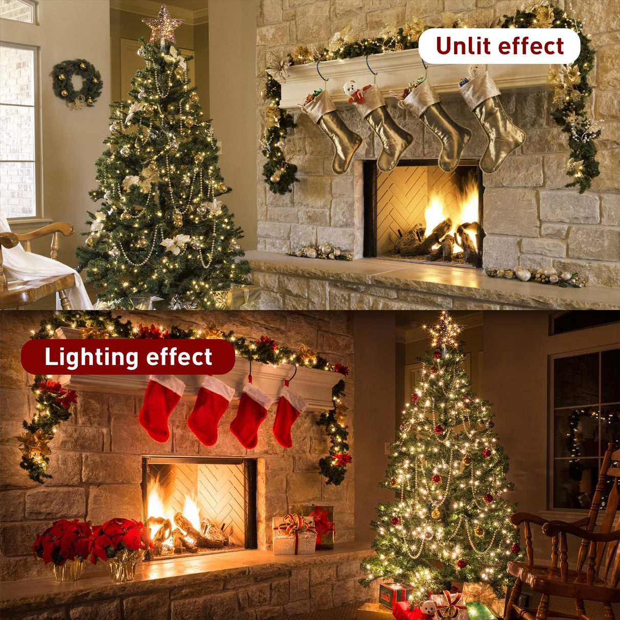 EAMBRITE 13.37” 40 LED Christmas Rattan Tree Topper, Indoor Rustic Natural Star Treetop EAMBRITE