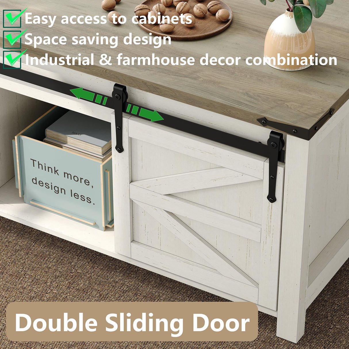 Furnihold 47.3''Lift Top Coffee Table, Farmhouse Center Table with Large Storage & Sliding Barn Doors, Modern Rectangular White Cocktail Table for Living Room, Grey Top Furnihold