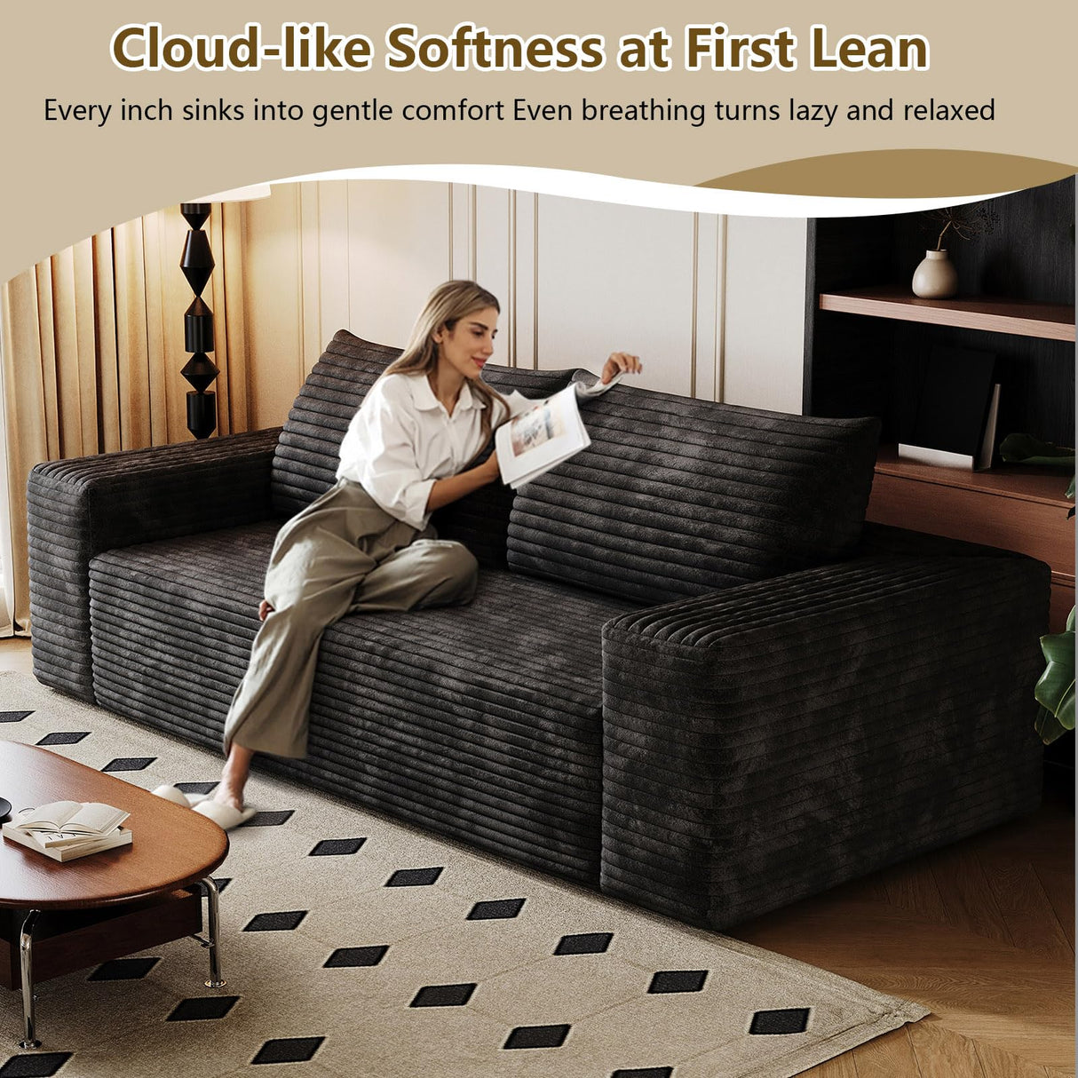63" Boneless Loveseat Sofa - Cloud Couch with Memory Foam, Comfy Deep Seat - Corduroy Floor Sofa, No Assembly Required - Small Space Friendly for Living Room, Bedroom, Apartment, Black Sgapork