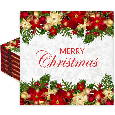 JarThenaAMCS 50Pcs Merry Christmas Paper Napkin Poinsettia Floral Xmas Ball Disposable Dinner Napkin Luncheon Napkin for Winter Party Supplies JarThenaAMCS