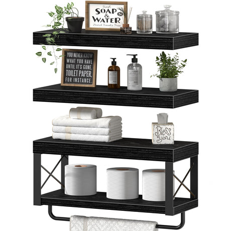 QEEIG Bathroom Shelves Over Toilet - Floating Shelf for Wall Toilet Paper Storage Farmhouse 16 inch Set of 3, Black (029-40B3) QEEIG