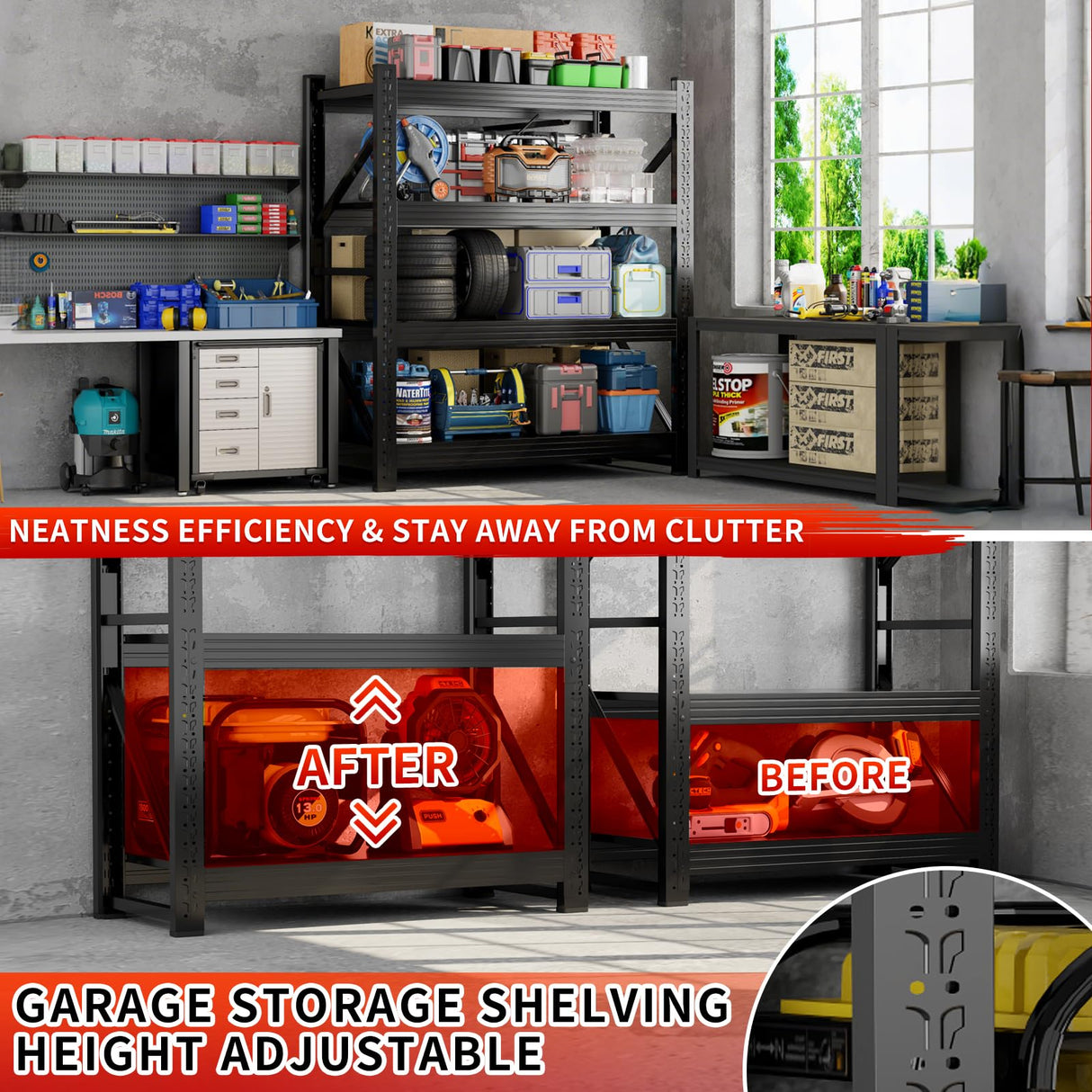 Kobito 5000LBS Storage Shelves, 59" W Garage Shelving Heavy Duty Adjustable Shelving Units, 4 Tier Metal Garage Shelves Industrial Shelving for Garage, Warehouses, Basement, Black Kobito