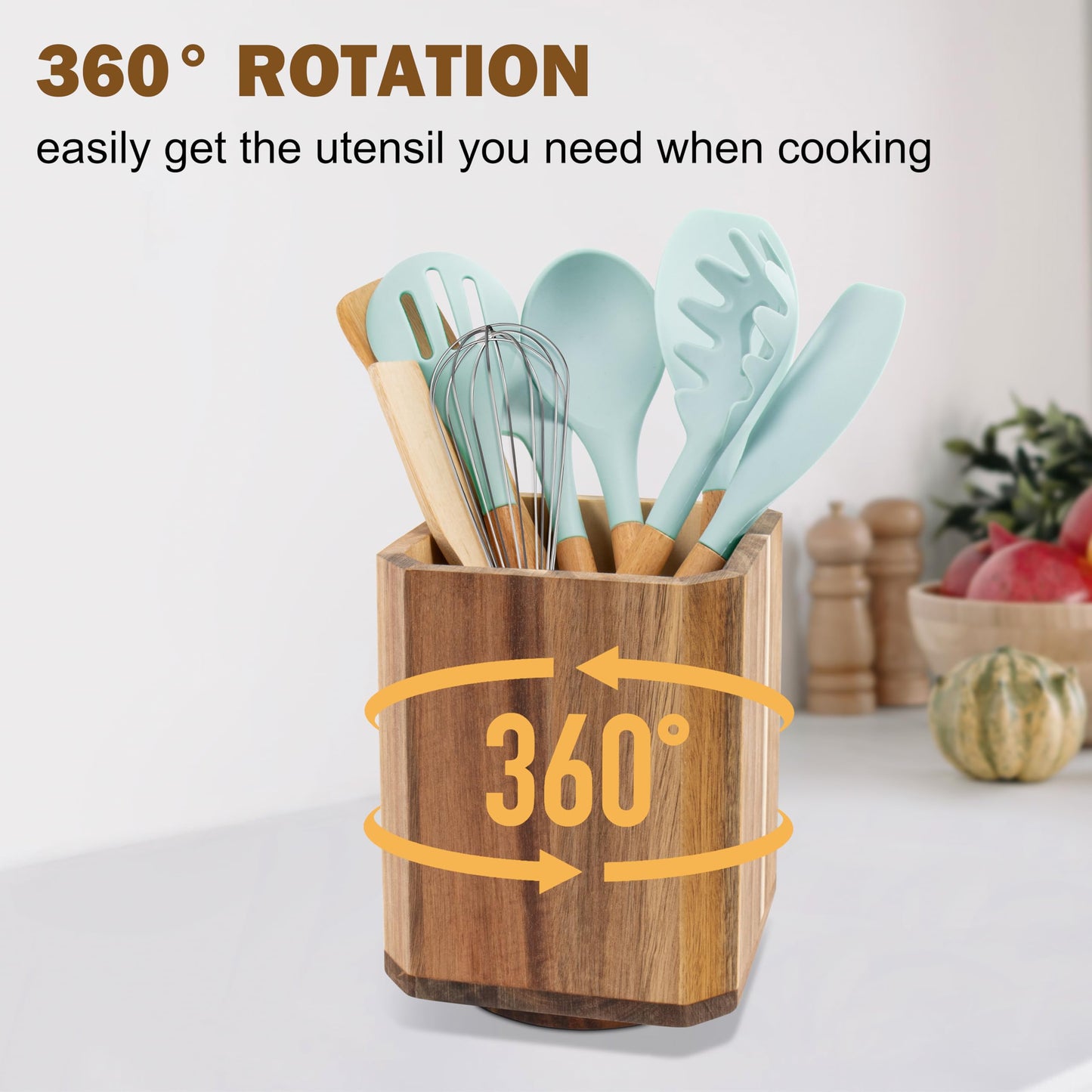 RedCall Acacia Wood Utensil Holder, 360° Rotating Large Cooking Utensil Organizer, Kitchen Tool Storage for Countertop,Spoon Spatula Holder for Kitchen Counter,Farmhouse Kitchen Decor - WoodArtSupply