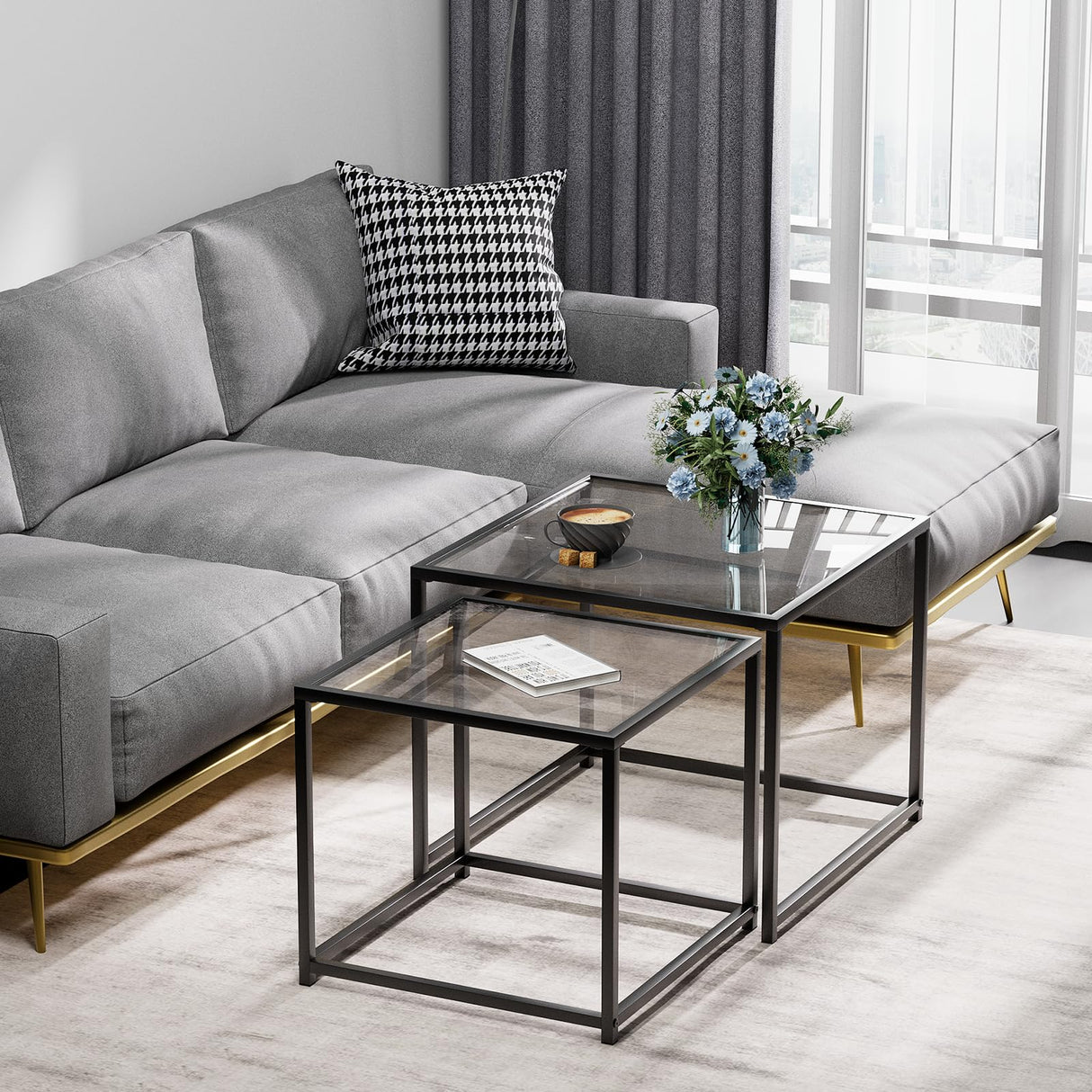 Nesting Coffee Table Set of 2, Glass Coffee Tables with LED Lights, Modern Center Table, Square Living Room Side End Tables, Coffee Table for Home, Office, Bedroom, Easy Assembly, 26.4 in, Black Adompacat