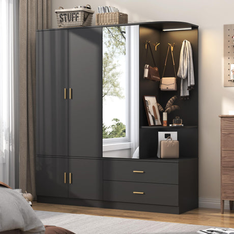XVD Armoire Wardrobe Closet with Mirror and Sensor Light, Bedroom Armoire with 5 Doors 2 Drawers, Modern Wooden Large Wardrobe Closet with Shelves, 4 Hooks, 2 Hanging Rods, Open Space, Black XVD