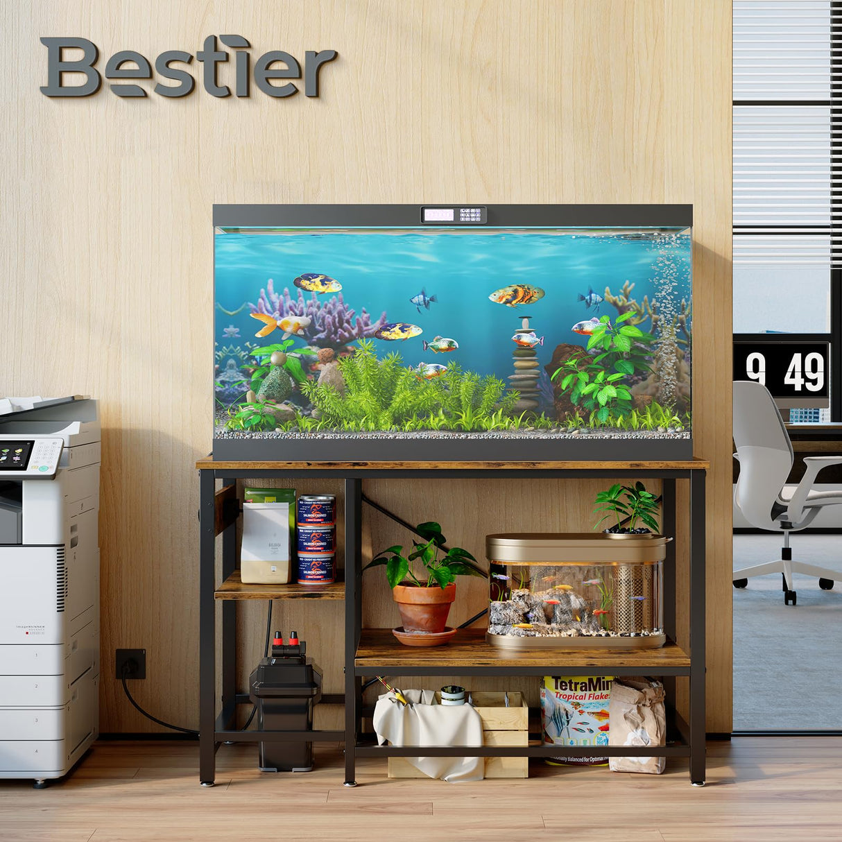Bestier 55 Gallon Fish Tank Stand with Power Outlet, 49x13 Metal Aquarium Stand, 6-Leg Long Reptile Tank Stand with 3-Tier Adjustable Storage Shelves, 700LBS Capacity Bestier