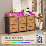 Leadpro Dresser for Bedroom with 6 Drawers, LED TV Stand Dresser with Charging Station, Chest of Fabric Drawers with Side Hooks, Dresser Storage Organizer for Closet Living Room Hallway (Rustic Brown) Leadpro