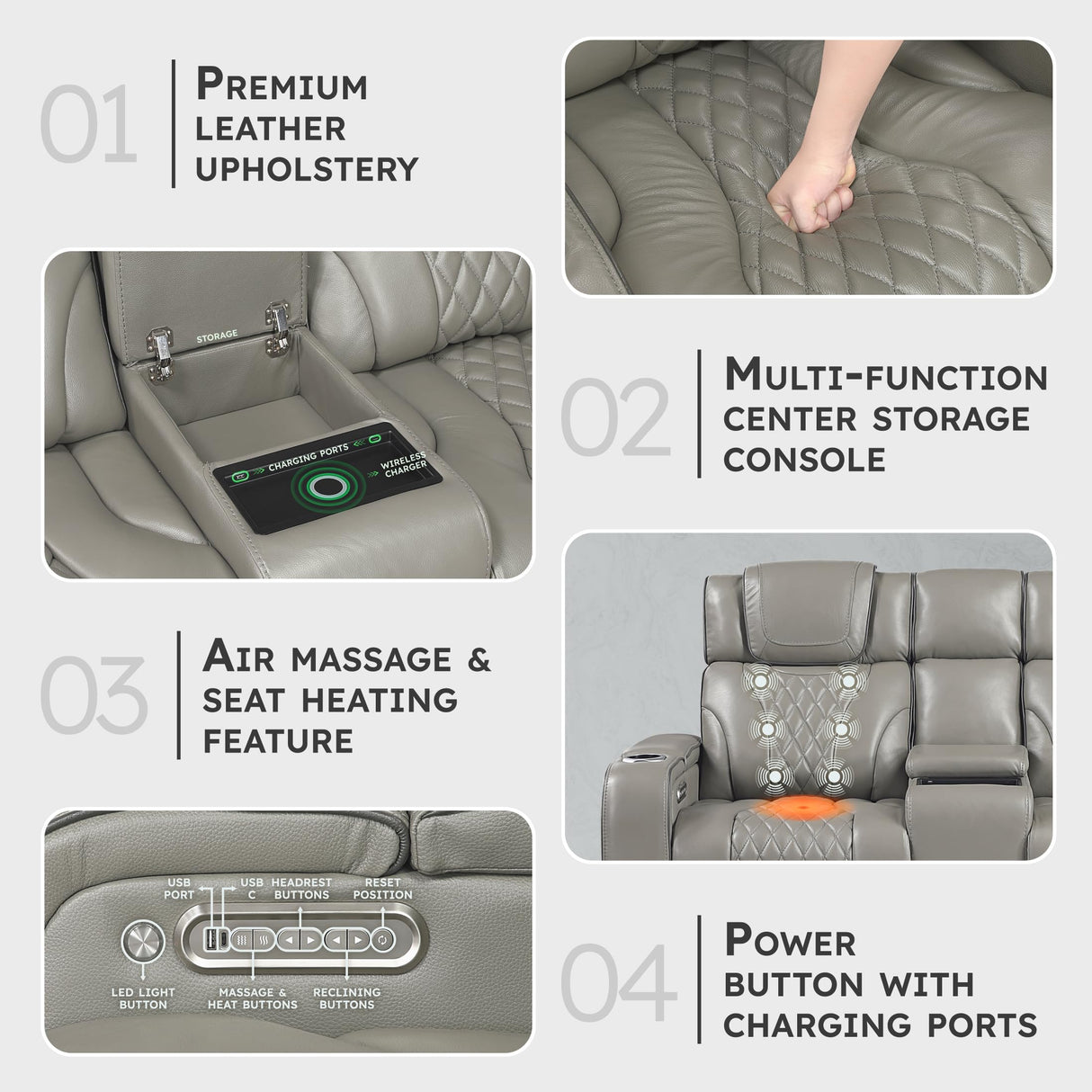 Lexicon Power Double Reclining Loveseat, Center Console/Heat/Massage/Headrest/Storage Arms/Cup Holders/LED Lights/Wireless Charging, Top Grain Leather Match Wall Hugger Recliner Loveseat, Grey Lexicon