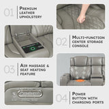Lexicon Power Double Reclining Loveseat, Center Console/Heat/Massage/Headrest/Storage Arms/Cup Holders/LED Lights/Wireless Charging, Top Grain Leather Match Wall Hugger Recliner Loveseat, Grey Lexicon