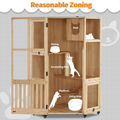 MCombo Large Corner Cat House Villa, Wooden Indoor Cat Enclosure with Scratching Post, Multi-Feature Enclosed Cat Cages with Escape Doors, Wood Cat Condo with Wheels CT96 - WoodArtSupply