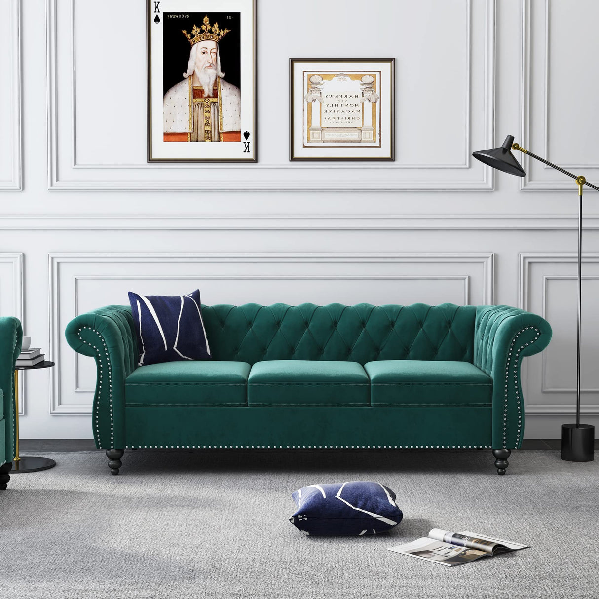 Chesterfield Sofa Velvet, Modern Tufted Couch 3 Seater with Rolled Arms and Nailhead for Living Room, Bedroom, Office, Apartment (Green) ORRD
