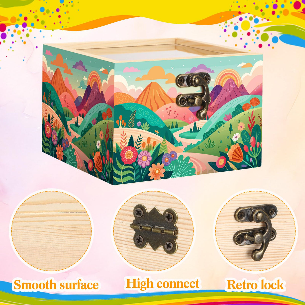 Chunful 6 Set Unfinished Wooden Boxes for Crafts 4.72 x 4.72 x 3.15 Inch Small Wood Jewelry Treasure Chest Box with Hinged Glass Lid for DIY Project Craft Painting Gifts Chunful