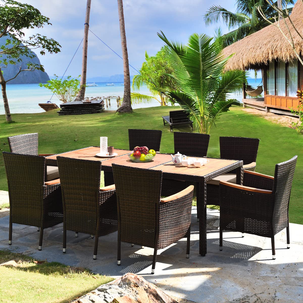 COSTWAY 9PCS Patio Rattan Dining Set 8 Stackable Chairs Cushioned Acacia Wood Table Top - WoodArtSupply