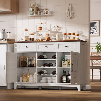 IDEALHOUSE 53.5'' Farmhouse Buffet Cabinet with Storage, 36'' Tall Wood Rustic Sideboard with 3 Drawer, Reversible Wine Rack and Adjustable Shelf, Coffee Bar for Dining Room, Kitchen, White