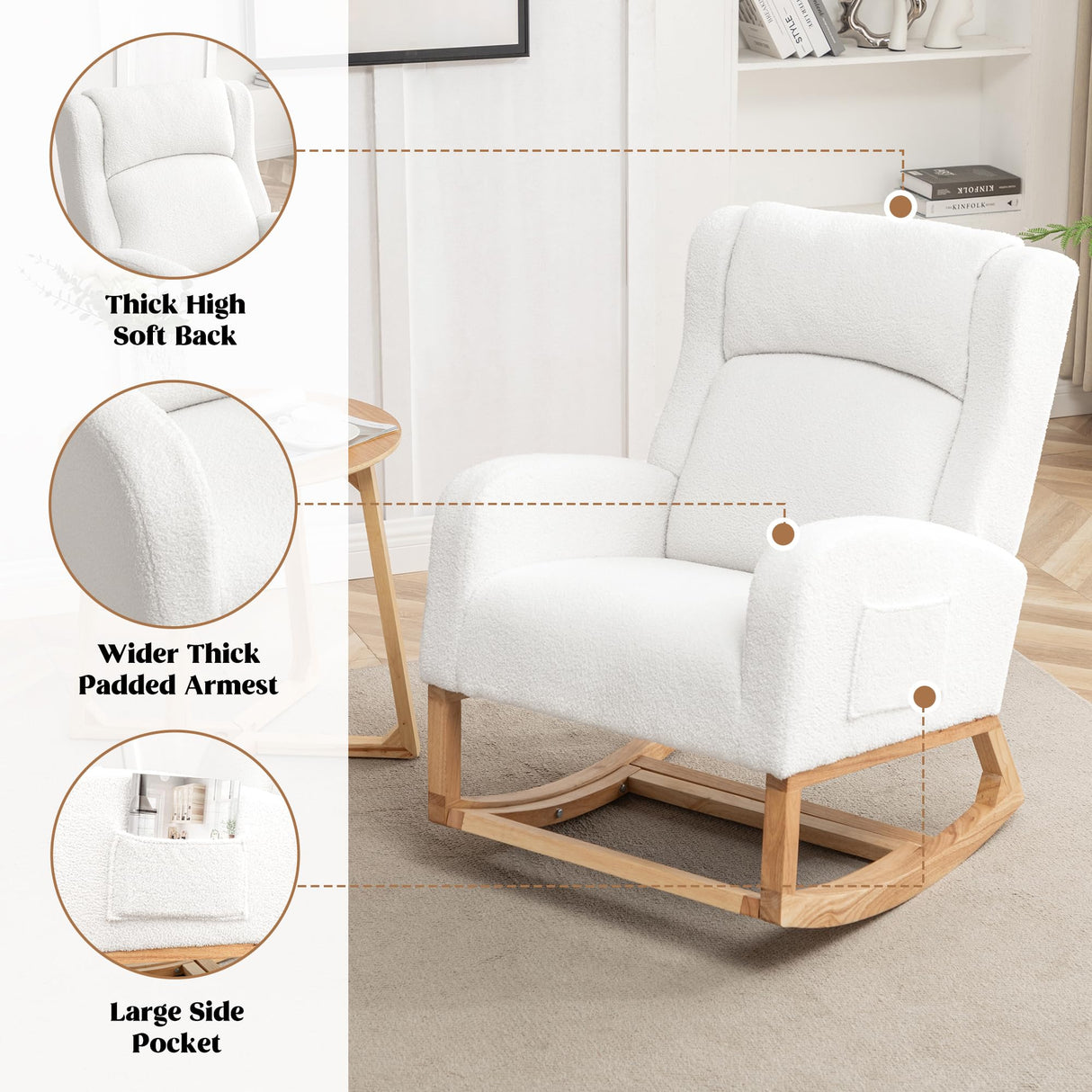 HCHAIRH Rocking Chair Nursery, Nursing Rocking Chairs for Mom Nursery, Comfy Wingback Glider Rocking Armchair with Foot Rest and Side Pocket for Nursery Living Room Bedroom, Teddy White HCHAIRH
