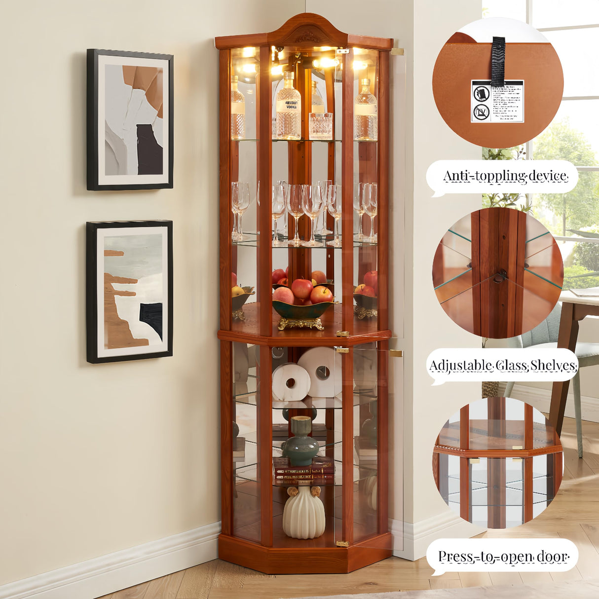 Ball & Cast 72" H Lighted Corner Curio Cabinet with Curved Top Carving,Glass Display Cabinet with 6 Tempered Adjustable Glass Shelves and Doors,Light Bulb Included, Rack for Liquor Storage,Oak Ball & Cast