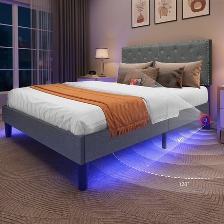 YITAHOME Queen Size Bed Frame, Platform Bed with USB Ports & Motion Sensor Light, LED Bed Frame with Upholstered Adjustable Diamond Headboard, Easy Assembly, No Box Spring Needed, Gray YITAHOME