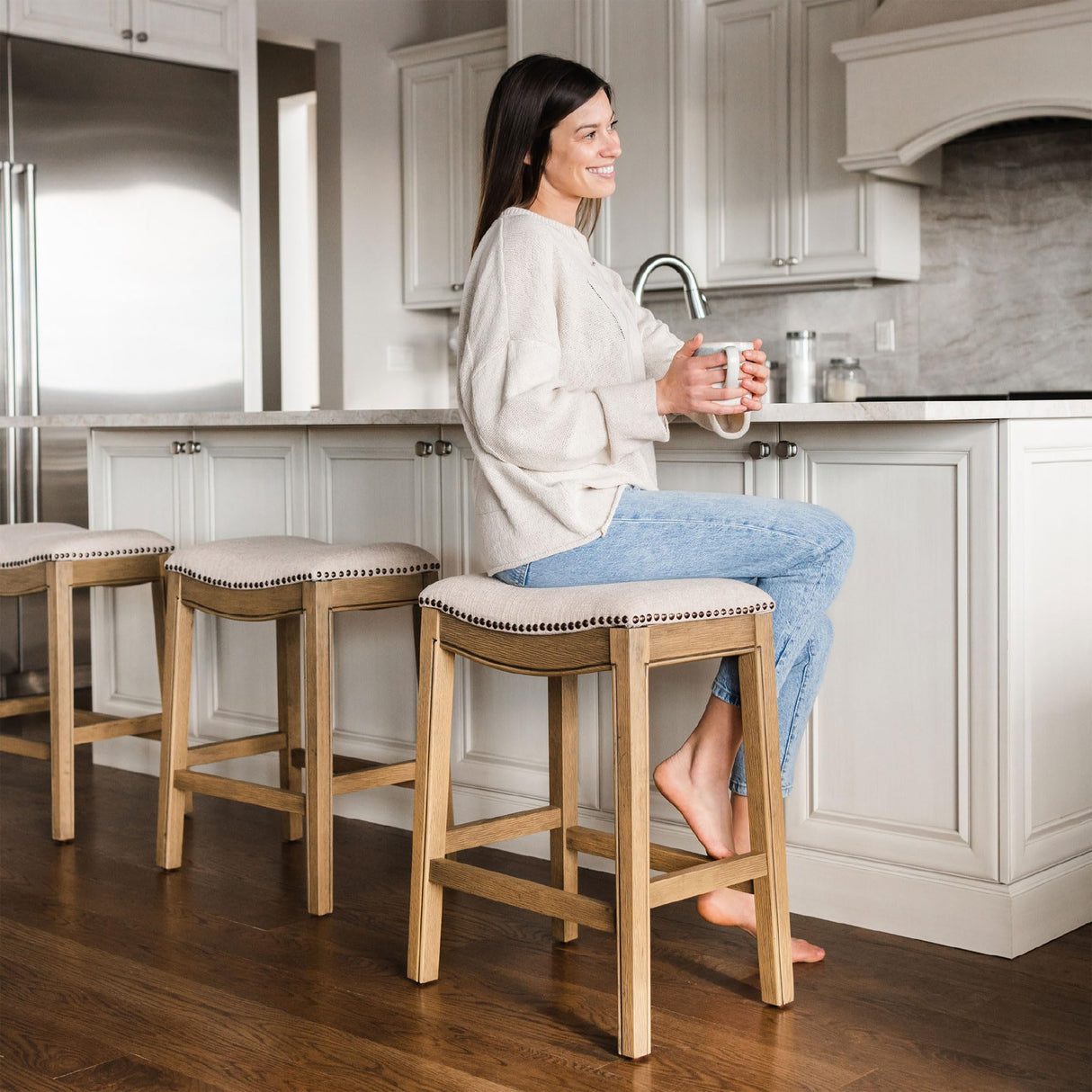 Maven Lane Adrien 26" Wood Counter Height Stool - Handcrafted Natural Wood Finish with Wheat Fabric Upholstered Saddle Seat for Comfort - Durable Barstool for Kitchen Islands, Dining Rooms Maven Lane