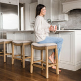 Maven Lane Adrien 26" Wood Counter Height Stool - Handcrafted Natural Wood Finish with Wheat Fabric Upholstered Saddle Seat for Comfort - Durable Barstool for Kitchen Islands, Dining Rooms Maven Lane