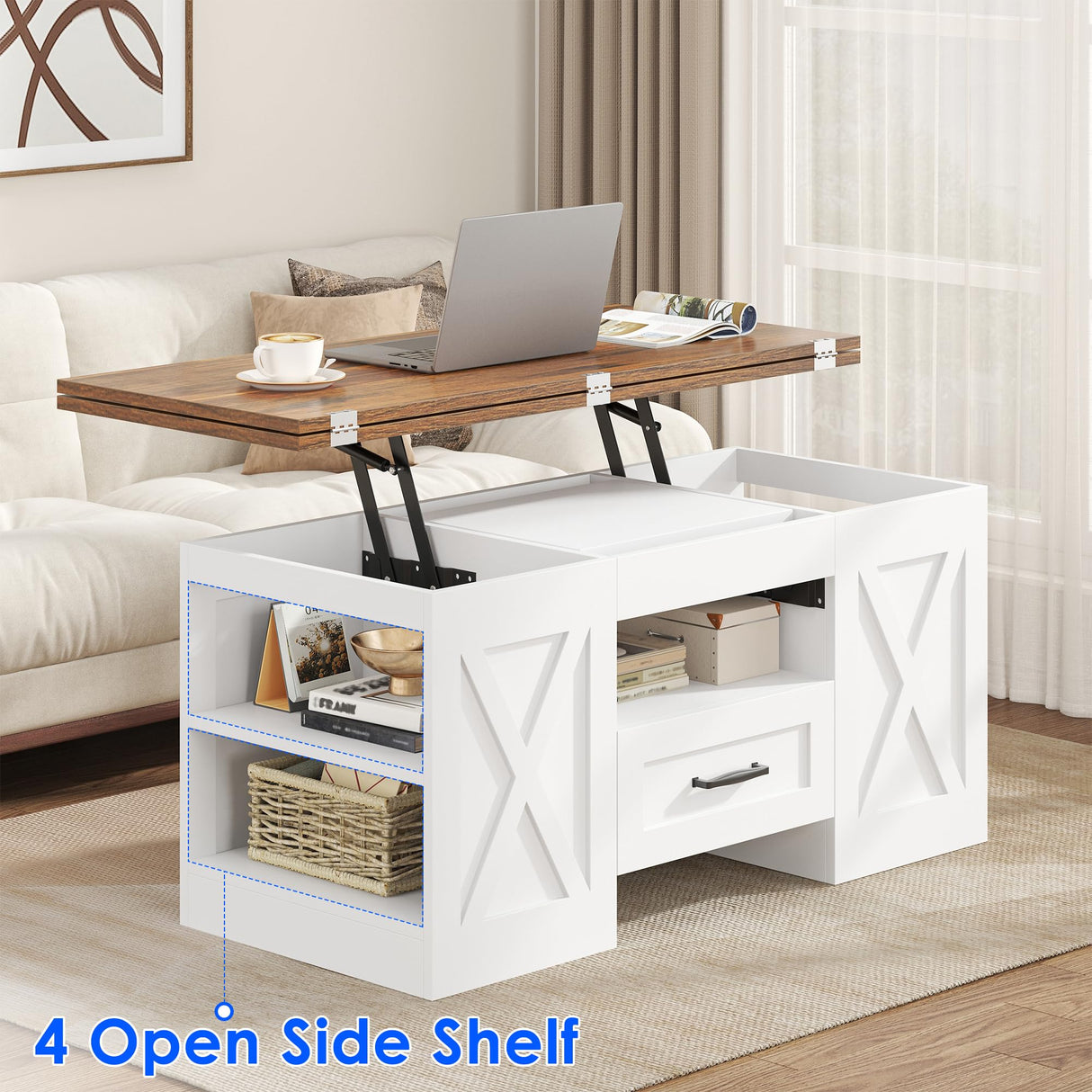 kepptory 39.4'' Lift Top Coffee Table with Storage, 4 in 1 Multi-Function Convertible Coffee Tables for Living Room, Farmhouse Coffee Table with Open Storage Compartment & Drawers (Brown&White) kepptory