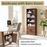 RWYHG 70in Tall Bookshelf 6 Tier Bookcase with Barn Doors and Adjustable Shelf, Brown Farmhouse Book Shelves with Storage Cabinet,Wood Floor Standing Display Bookshelve for Bedroom,Living Room,Kitchen RWYHG
