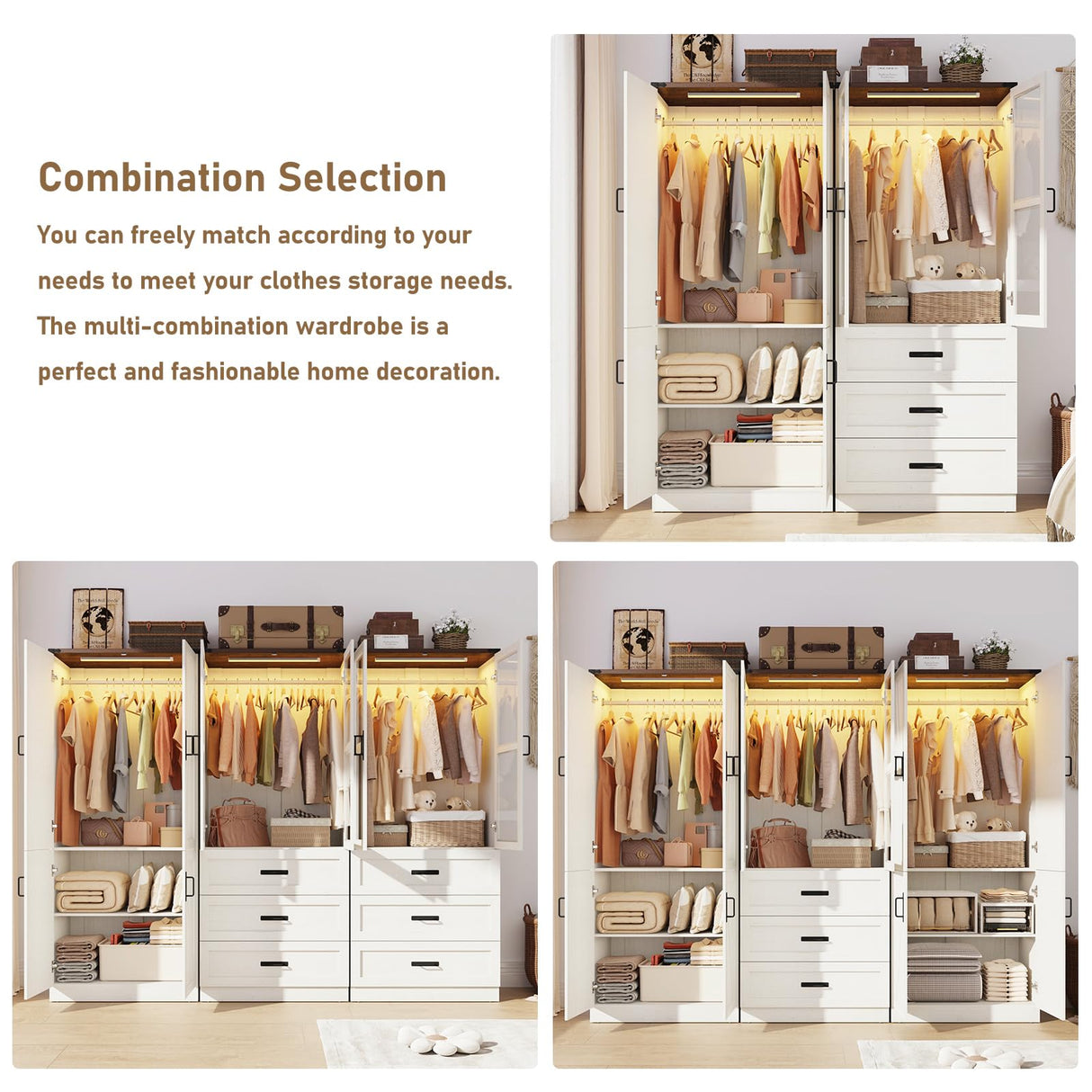 75" Tall Farmhouse 2 Doors Armoire Wardrobe Closet with 3 Drawers and LED,Freestanding Closet Wardrobe Cabinet for Bedroom with Hanging Rod,Wooden Armoire Storage Cabinet Adjustable(Rustic Off White) Hlivelood