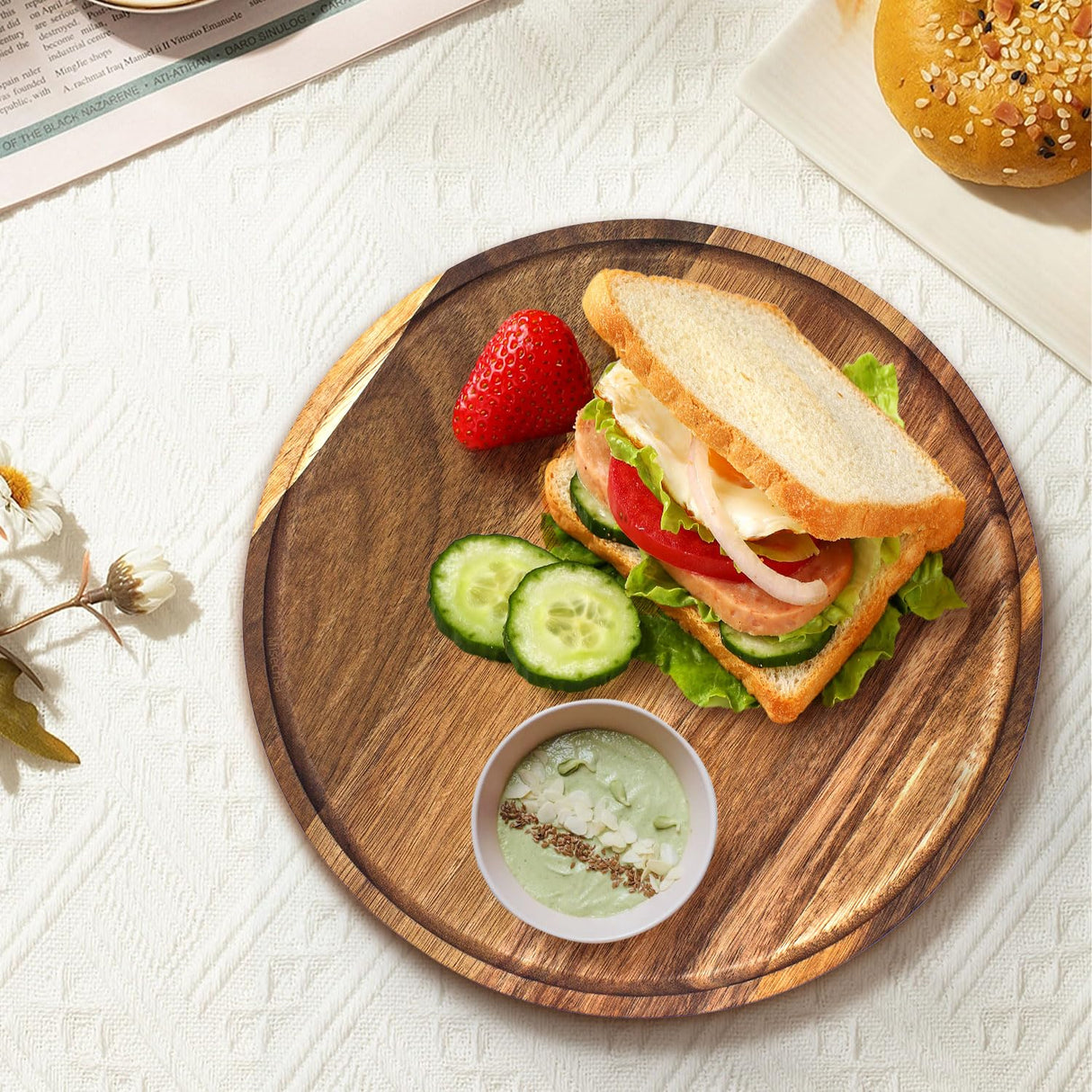 11.5 Inches Round Wood Tray,Coffee Table Tray for Home Decor, Acacia Wooden Serving Tray, Decorative Tray for Kitchen Dining Room,Candle Tray Appetizer Charcuterie Board,Tablas de Madera para decorar Misecrisa