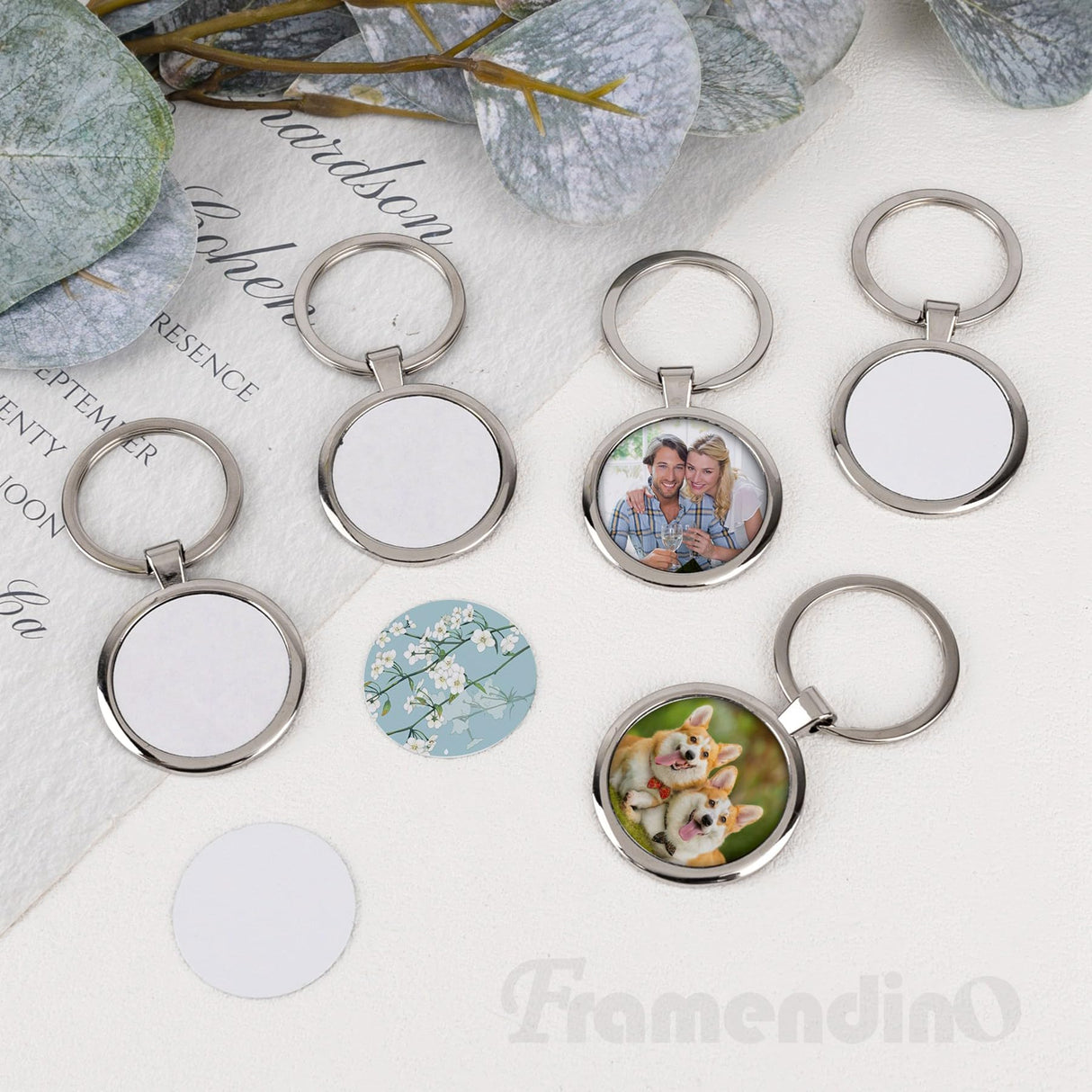 Framendino, 10 Pack Sublimation Keychains Blanks Metal Heat Transfer Round Press Keychain for DIY Crafts Photo Framendino
