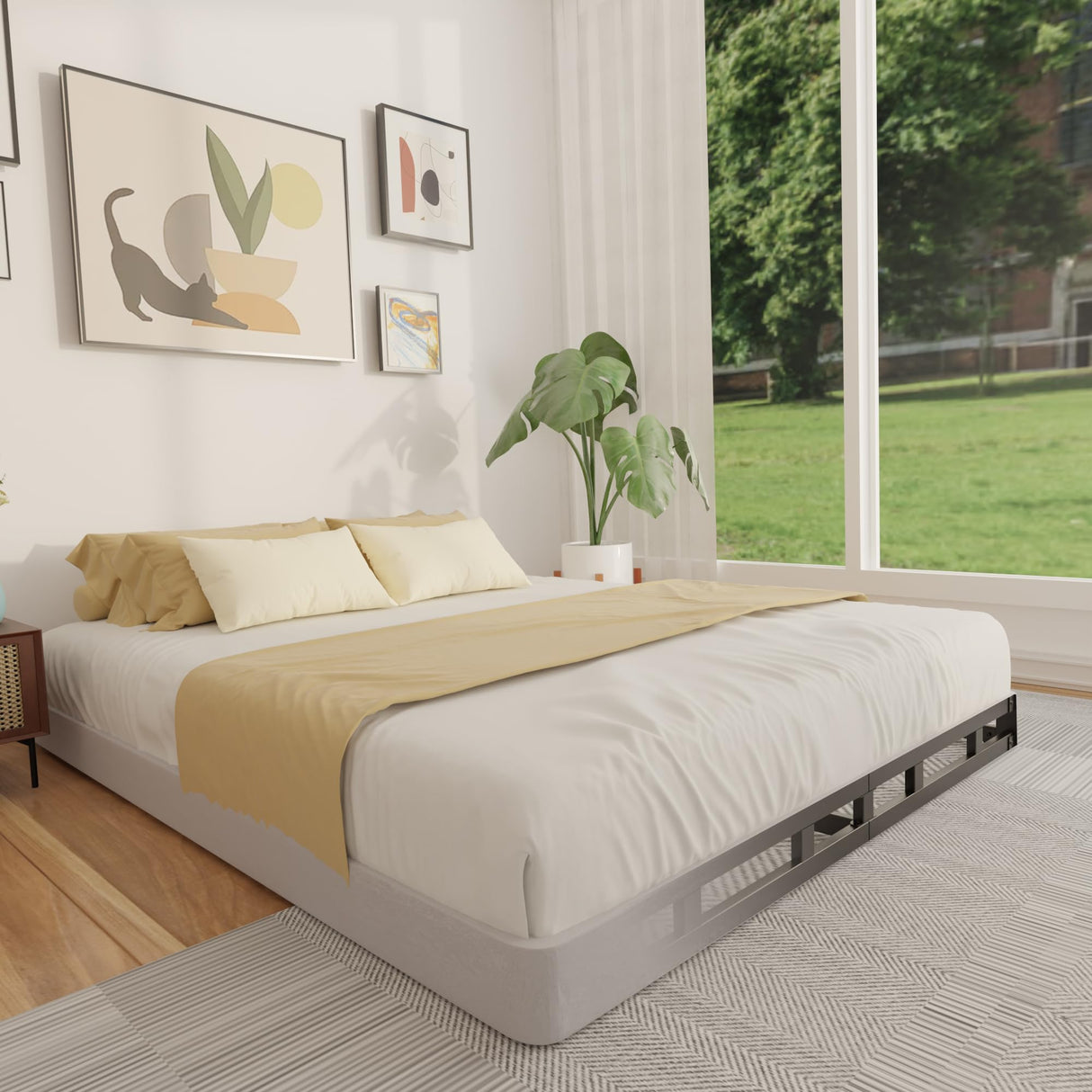 FMDMR 4 Inch Queen Box Spring, Low Profile Box Spring Queen Only, Heavy Duty Mattress Foundation Metal Bed Base with Fabric Cover, Easy Assembly, Non-Slip, Noise Free FMDMR