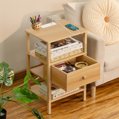 Lerliuo Nightstand with Charging Station and USB Ports, 3-Tier Storage End Table with Drawer Shelf, Night Stand for Small Spaces, Wood Bedside Table for Living Room, Bedroom - Natural Wood Lerliuo